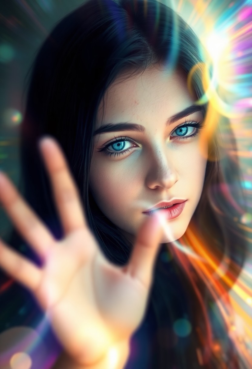 AI generated art for prompt: A young woman's face emerges from an abstract field of pulsating light in this photorealistic portra