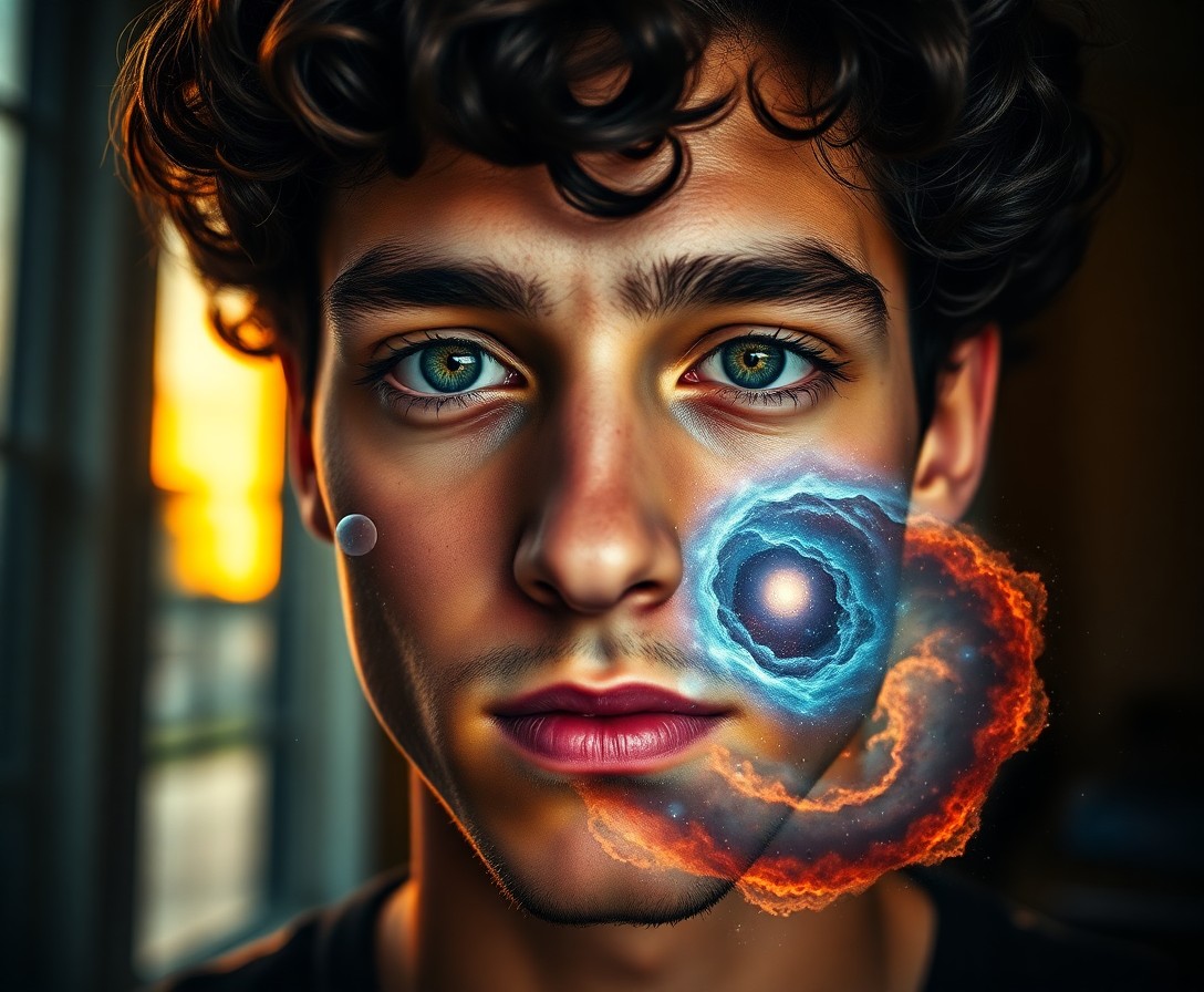 AI generated art for prompt: A portrait photograph captures the essence of a young man with captivating green eyes and dark, curl