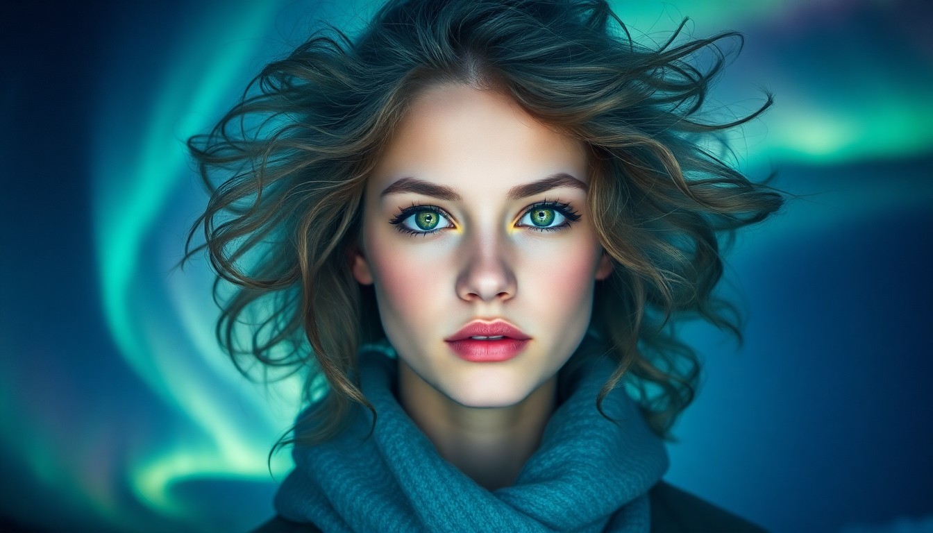 AI generated art for prompt: A striking double exposure portrait of a young woman with wild, untamed curls and vibrant green eyes