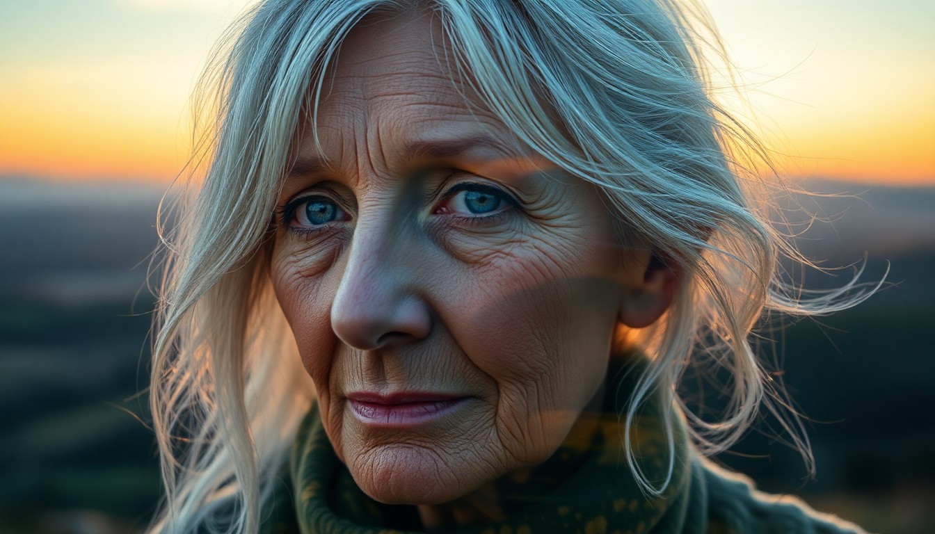 AI generated art for prompt: Imagine a captivating double exposure portrait of an introspective elderly woman with eyes that refl