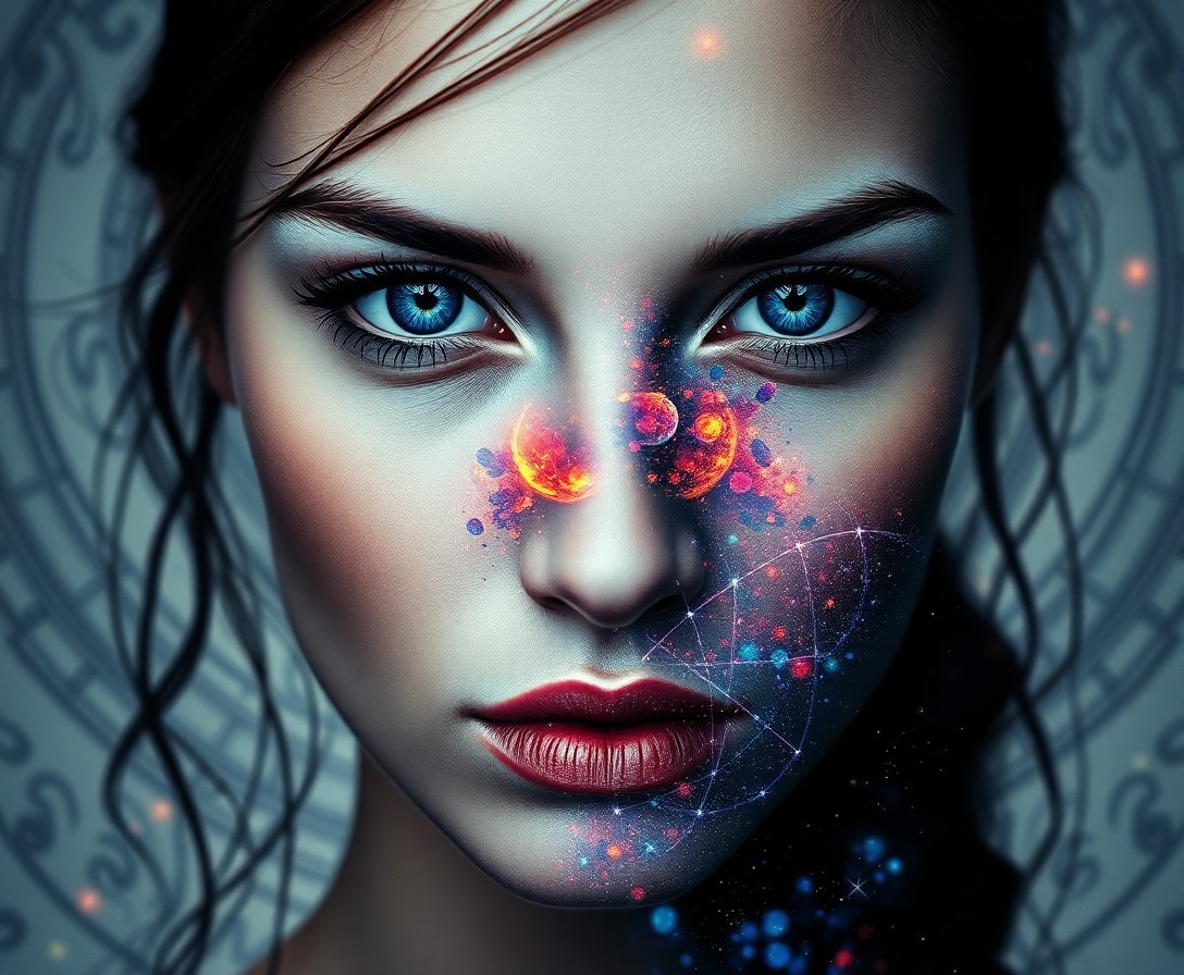 AI generated art for prompt: A striking double exposure portrait captures an enigmatic woman with piercing sapphire eyes. Her fla