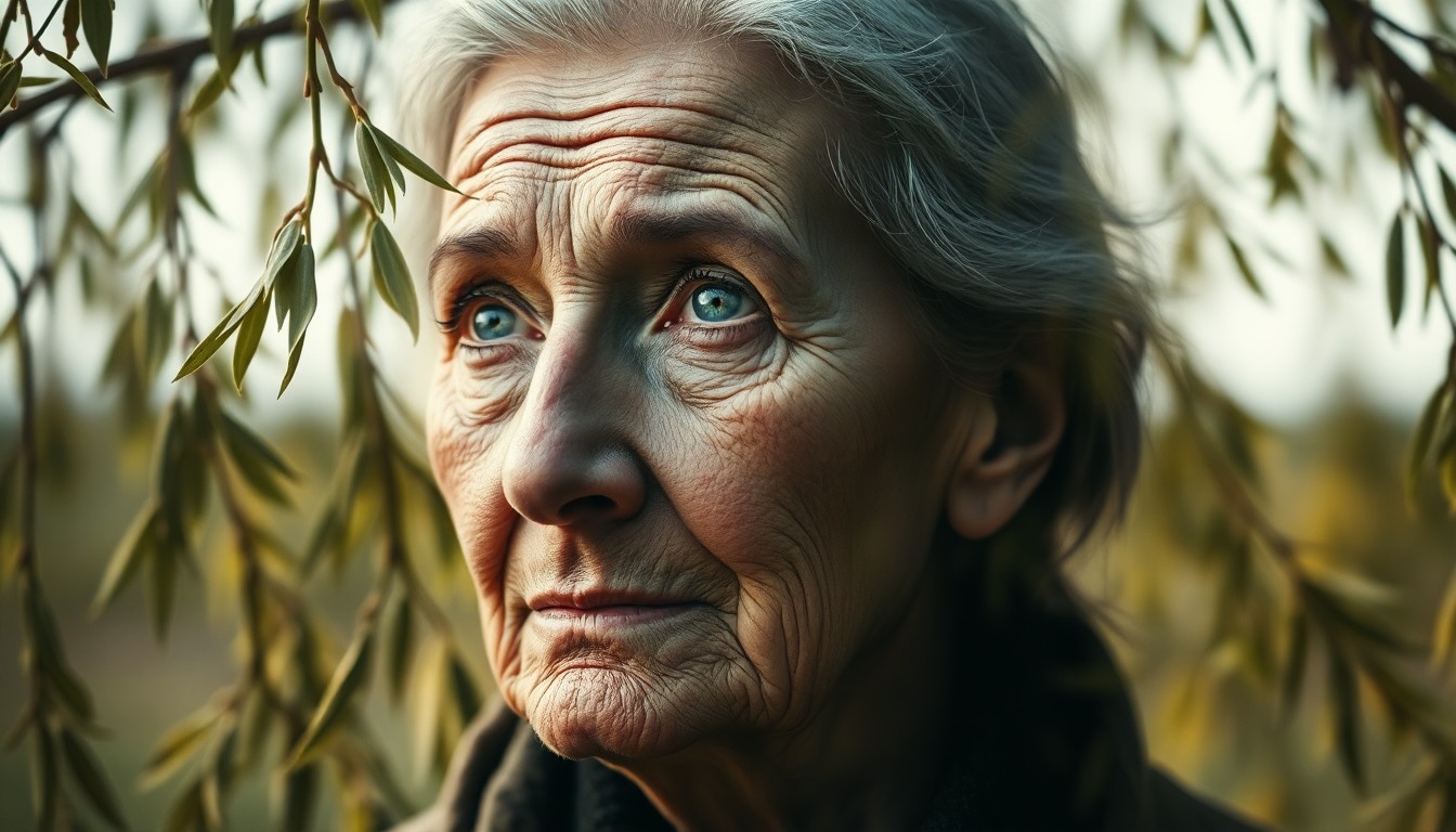 AI generated art for prompt: Imagine a captivating double exposure portrait of an older woman with a face etched by life's experi