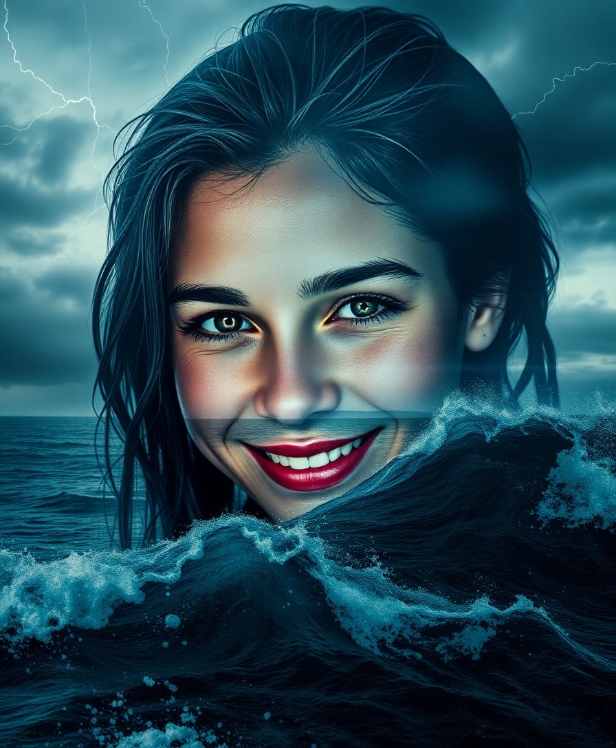 AI generated art for prompt: Craft an evocative double exposure portrait of an enigmatic pearl diver, a smiling girl with eyes re