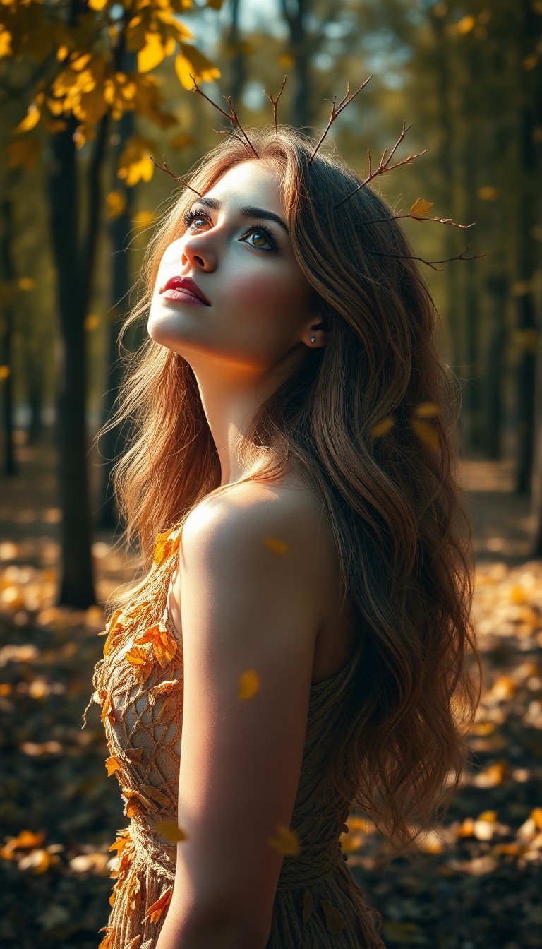 AI generated art for prompt: Imagine a photorealistic portrait of a woman with cascading hair that seamlessly blends into autumn 