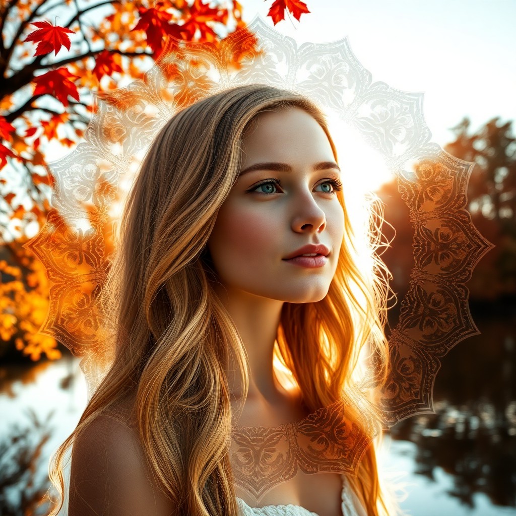 AI generated art for prompt: An ethereal portrait of a young woman with cascading golden hair, bathed in soft sunlight. Her delic