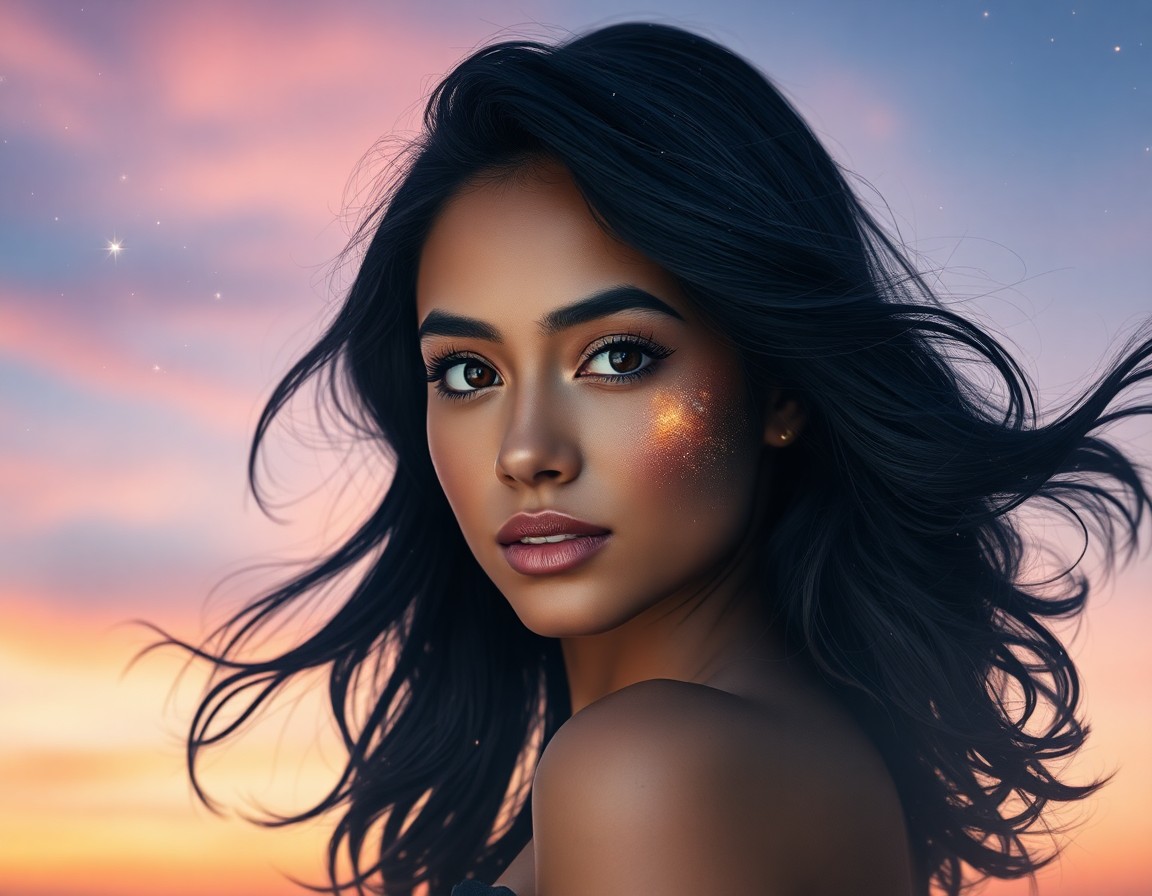 AI generated art for prompt: Create an enchanting double exposure portrait of a poised young woman with smooth olive skin and dar