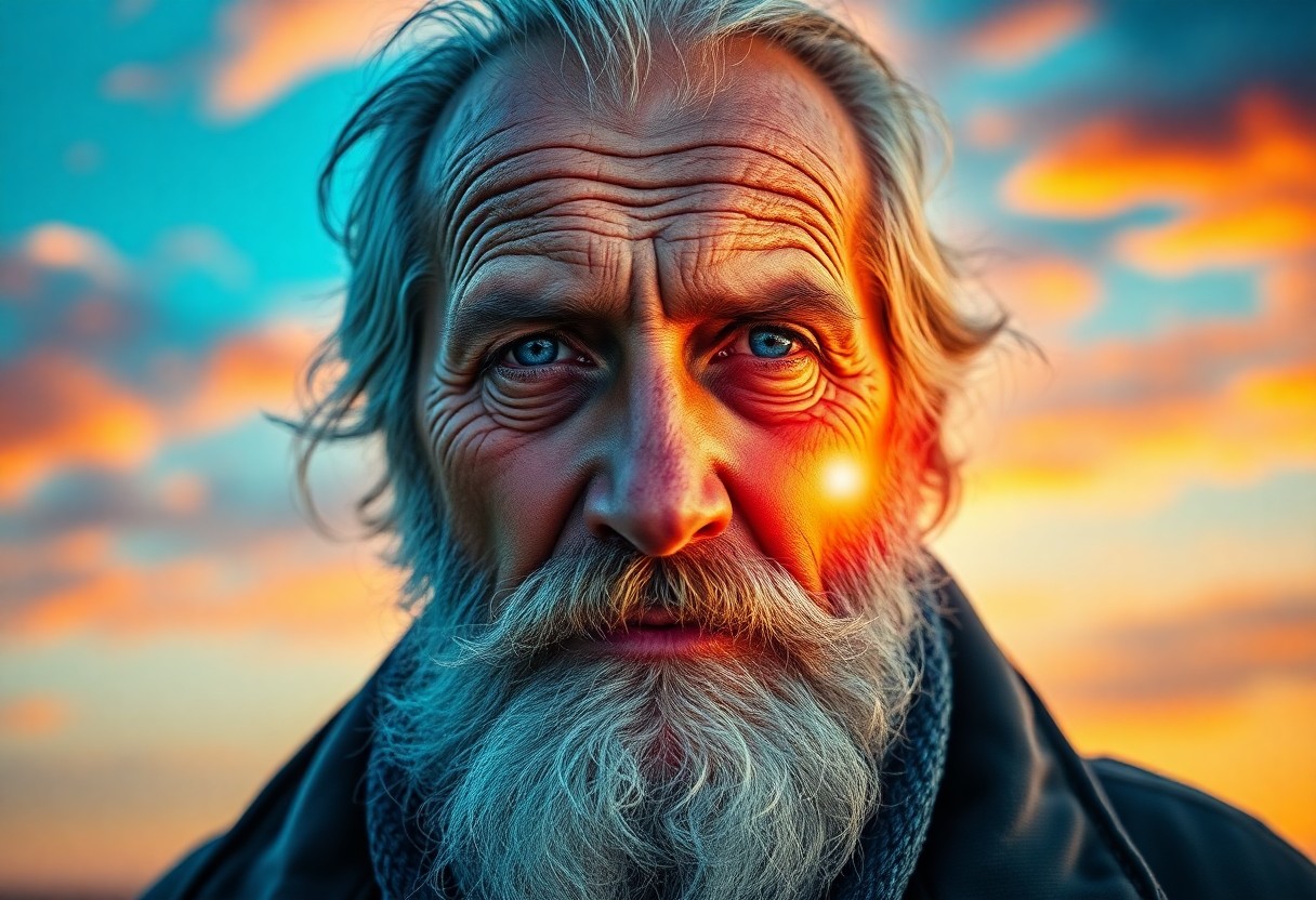 AI generated art for prompt: Craft a photorealistic double exposure portrait of an aged fisherman with a weathered visage, his fa