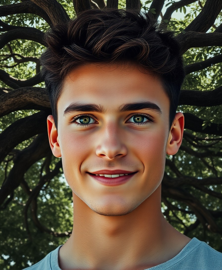 AI generated art for prompt: Mesmerizing double exposure portrait of a young man with captivating green eyes and sun-kissed skin,