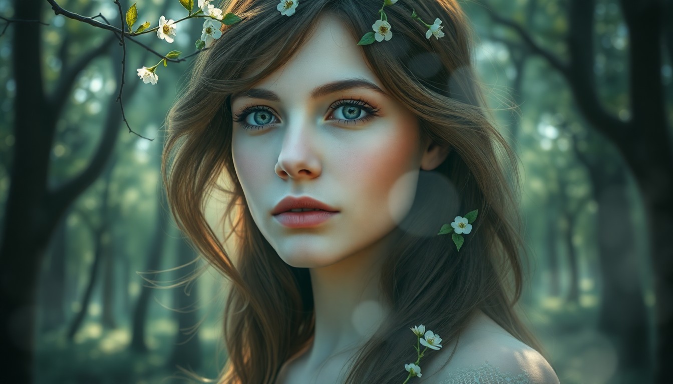 AI generated art for prompt: A digital portrait depicts a young woman with chestnut hair and piercing green eyes, her features de