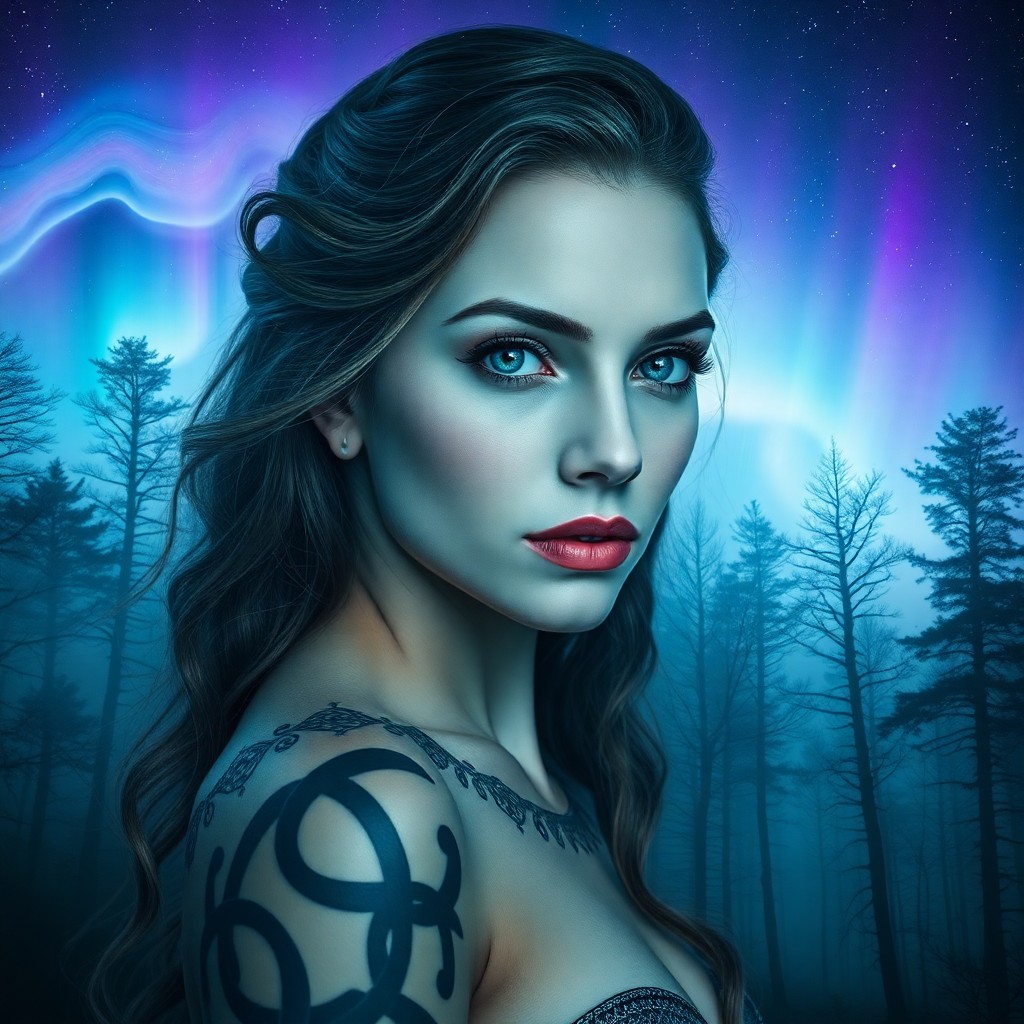 AI generated art for prompt: A captivating double exposure portrait showcases an enigmatic woman with piercing blue eyes, her mys