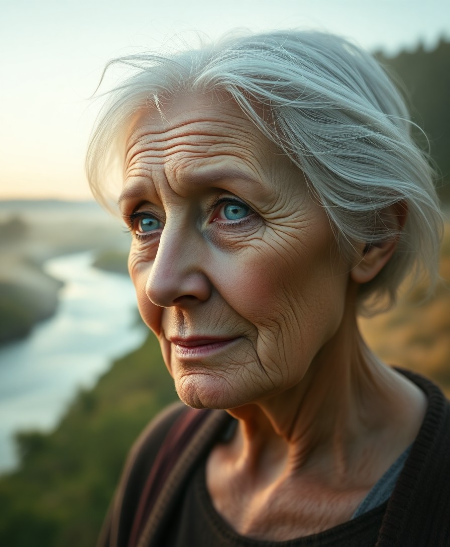 AI generated art for prompt: Create a photorealistic double exposure portrait of an elderly woman in a serene countryside setting