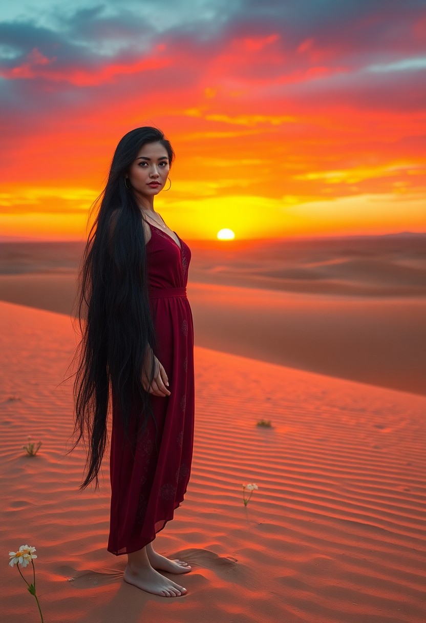 AI generated art for prompt: Amidst a vibrant desert sunset, an enigmatic woman stands with raven-black hair cascading down her w