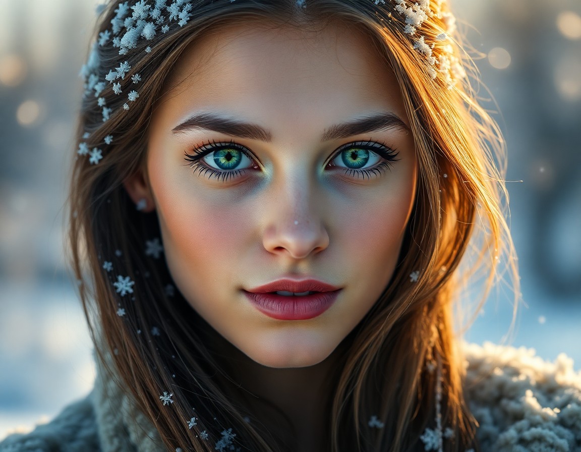 AI generated art for prompt: Craft a photorealistic portrait of a young woman with captivating emerald eyes, her skin glowing in 