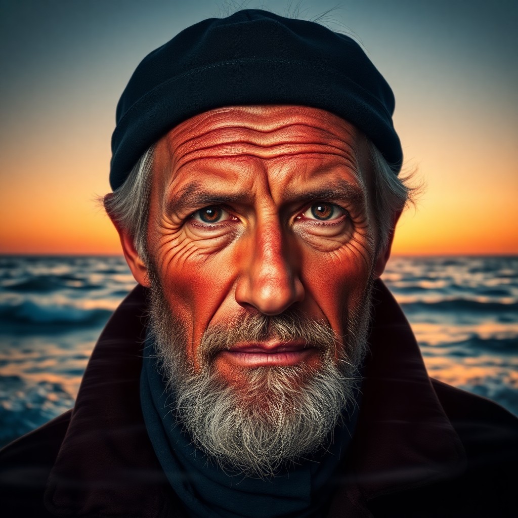 AI generated art for prompt: Create an evocative portrait of a rugged coastguard veteran whose weathered features bear witness to