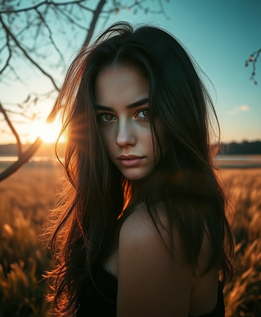 AI generated art for prompt: A woman with cascading dark hair poses amidst a sun-drenched field at dusk, her eyes—a captivating b