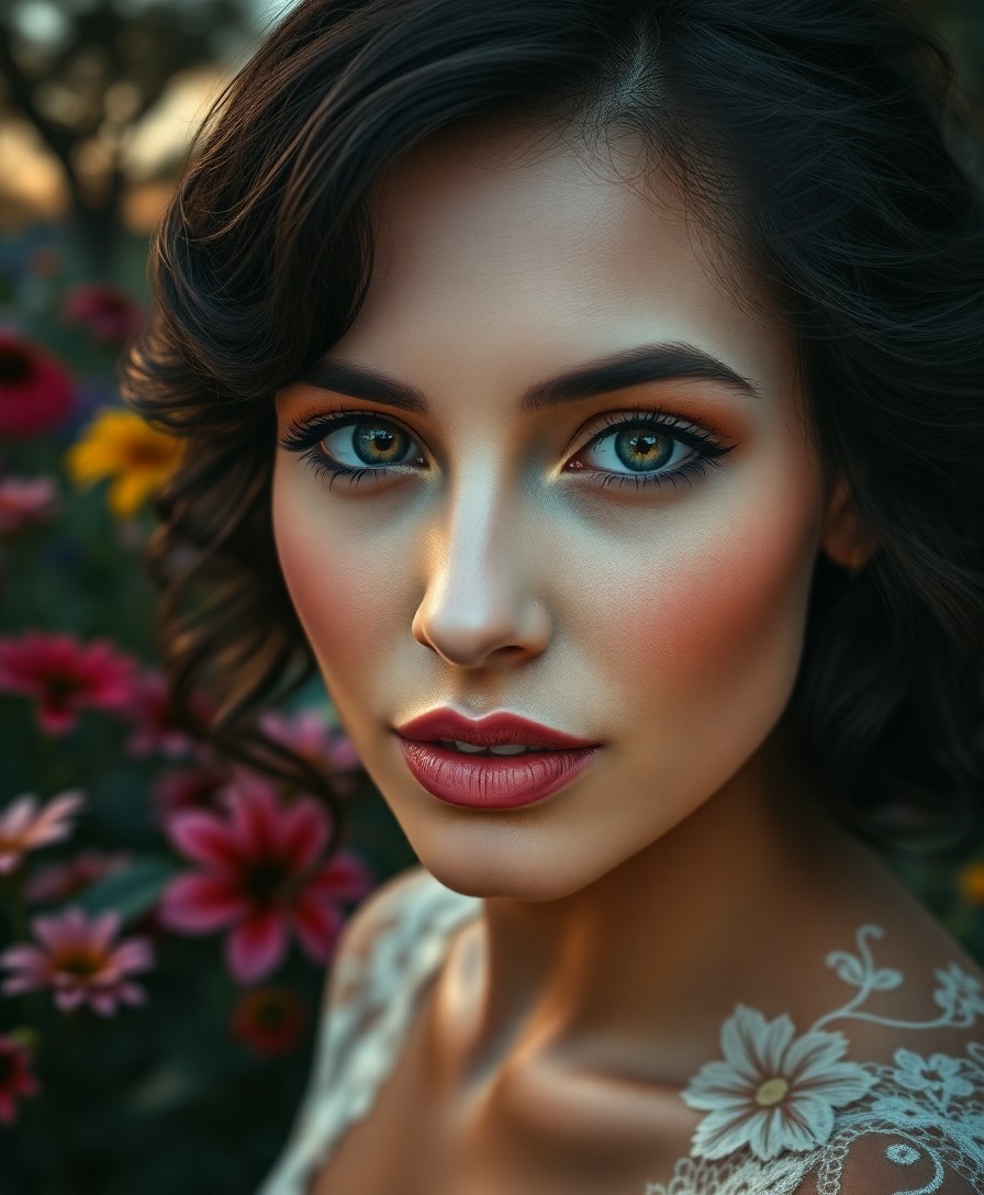 AI generated art for prompt: A captivating portrait of an alluring woman with striking features is set against a serene garden at