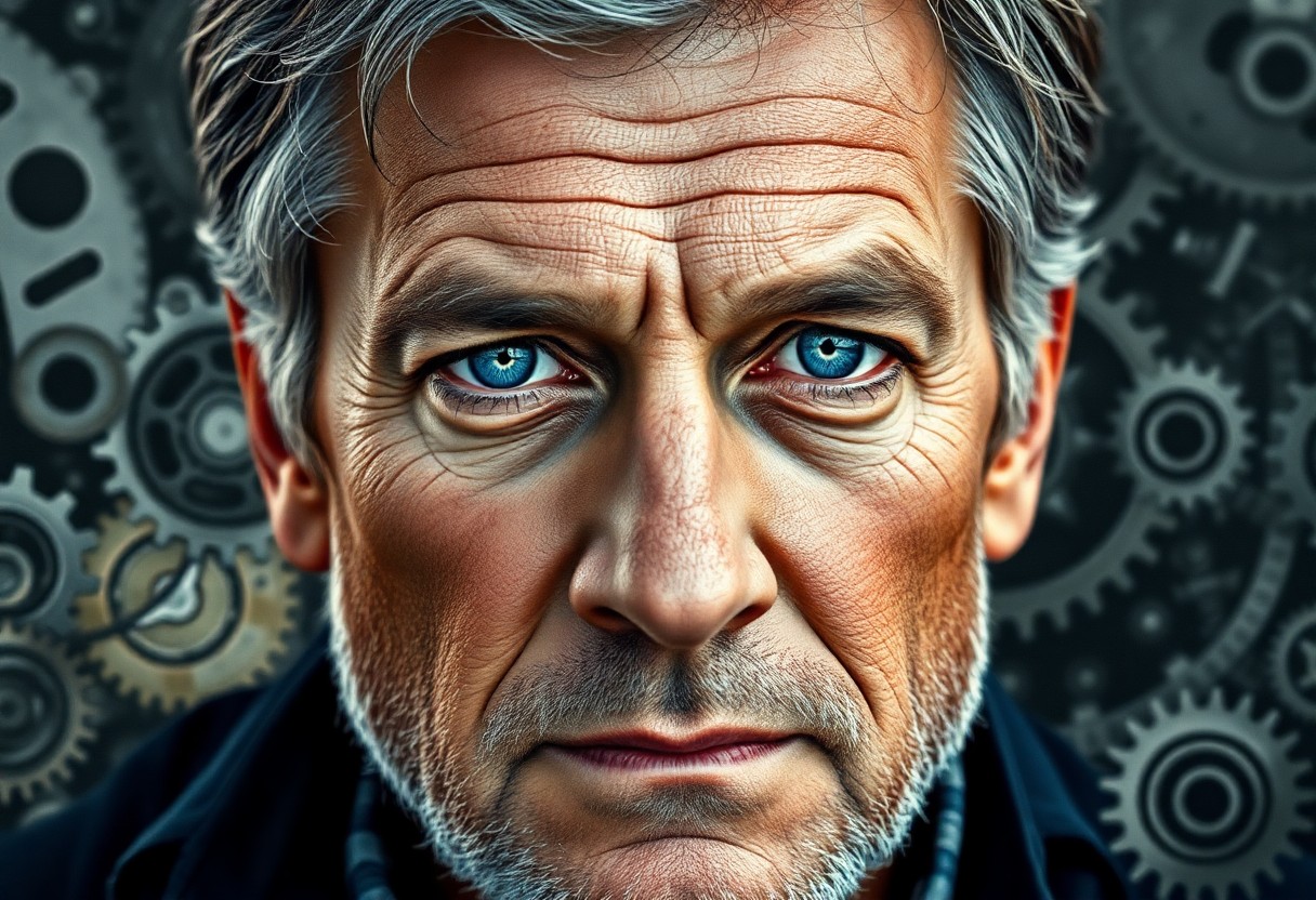 AI generated art for prompt: Imagine a photorealistic portrait of a ruggedly handsome middle-aged man with piercing blue eyes exu