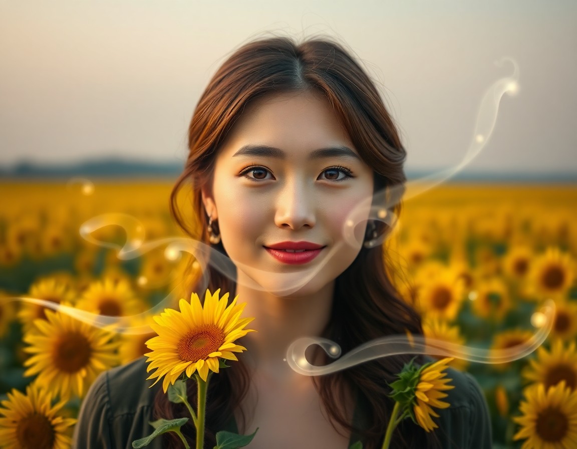 AI generated art for prompt: A captivating portrait depicts a young woman of mixed European and Asian heritage. Her rich chestnut