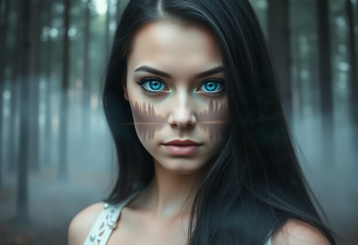 AI generated art for prompt: A captivating double exposure portrait showcases an introspective woman with piercing blue eyes that