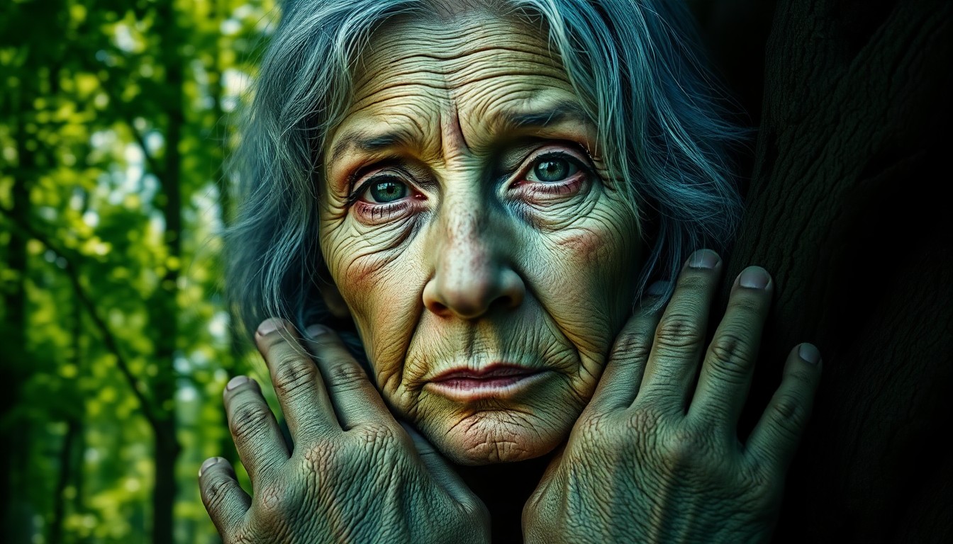 AI generated art for prompt: A striking double exposure portrait showcases an elderly woman with a weathered visage and wise eyes