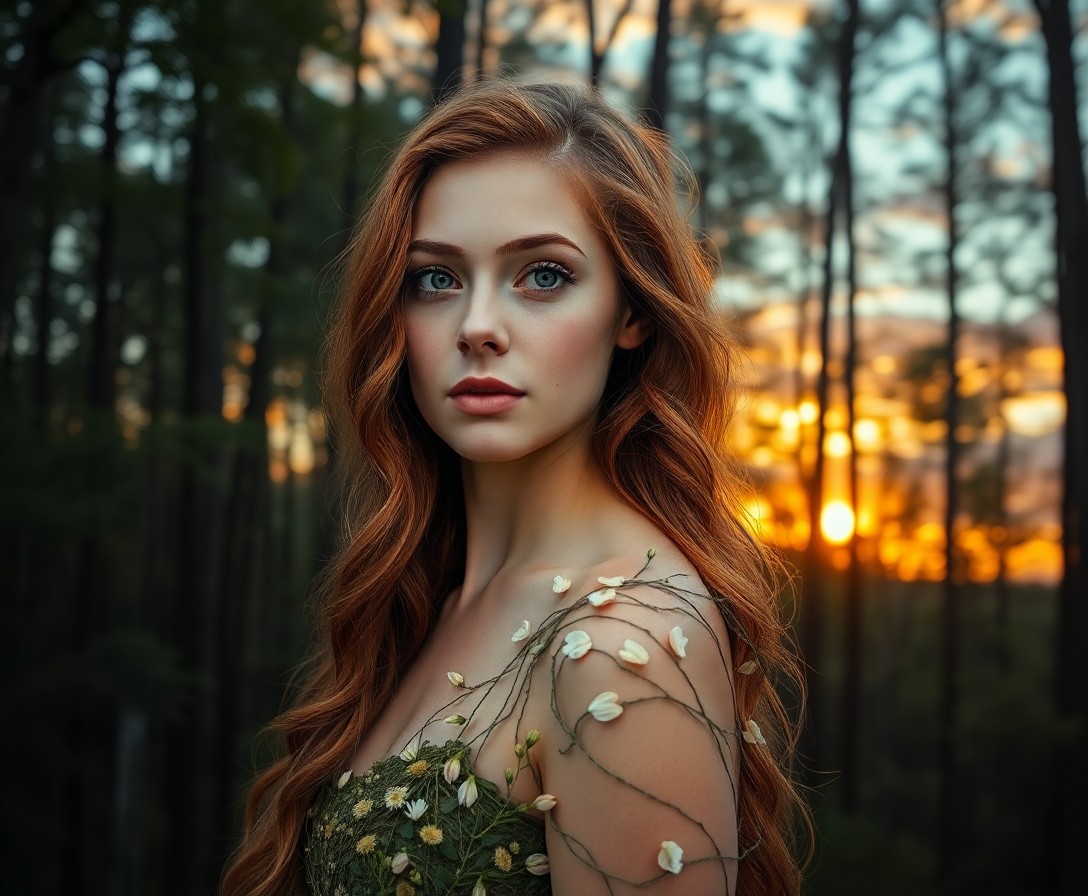 AI generated art for prompt: Amidst a lush forest, a young woman with long, wavy auburn hair and piercing green eyes gazes serene