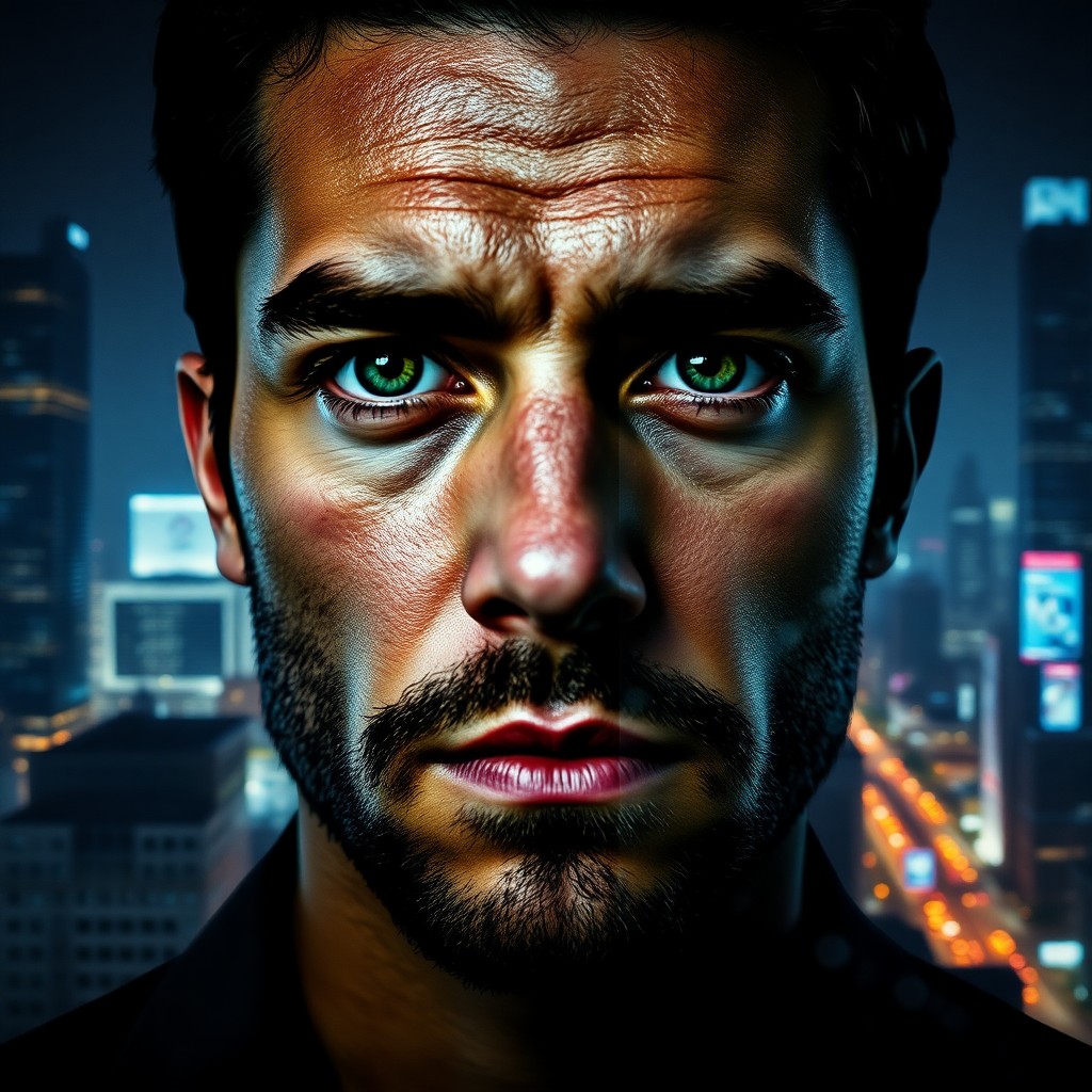 AI generated art for prompt: A captivating double exposure portrait showcases a stoic man with piercing green eyes and rugged fea