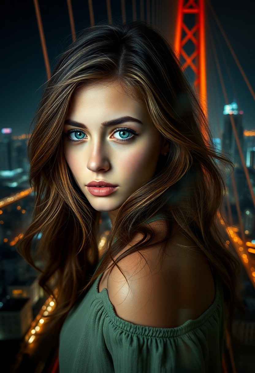 AI generated art for prompt: A photorealistic portrait showcases a young woman with captivating green eyes and flowing brown hair