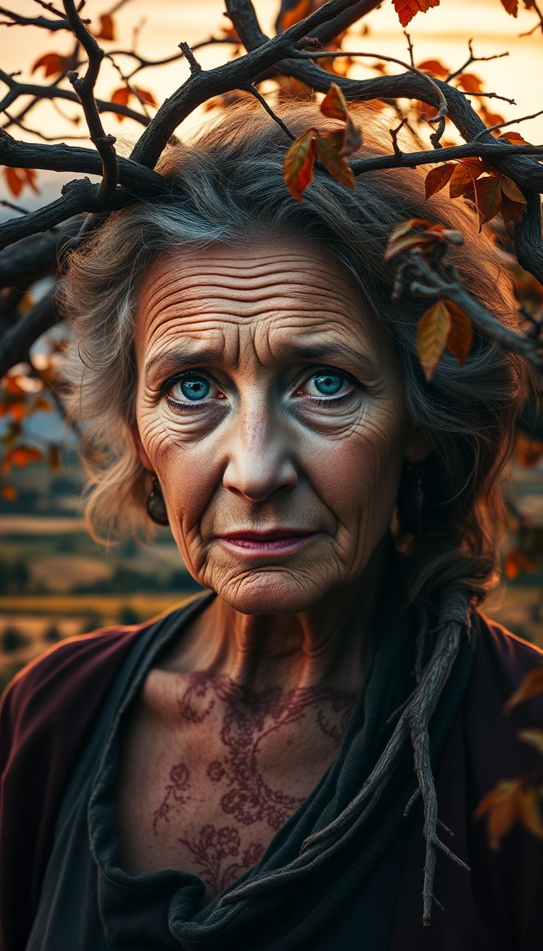 AI generated art for prompt: A double exposure portrait showcases an older woman with weathered skin and piercing blue eyes, her 