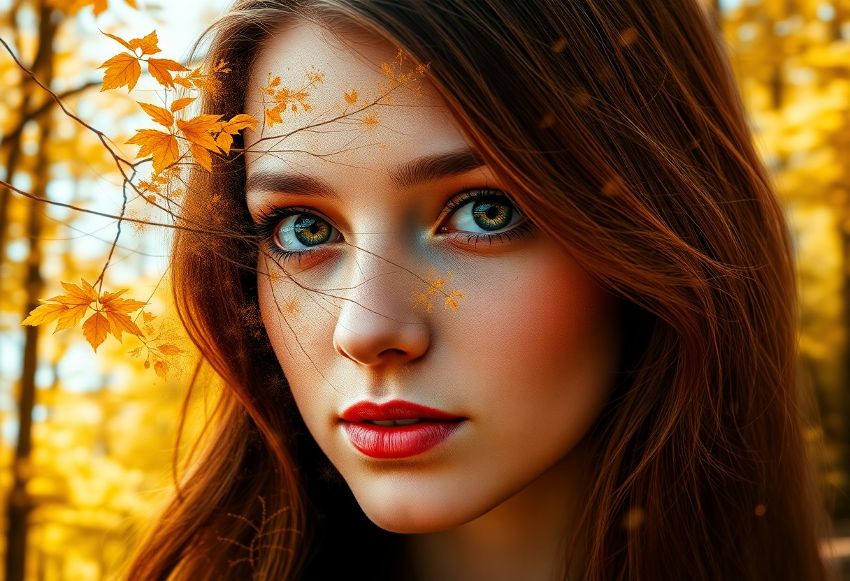 AI generated art for prompt: A photorealistic double exposure portrait showcases a young woman with cascading chestnut hair, her 