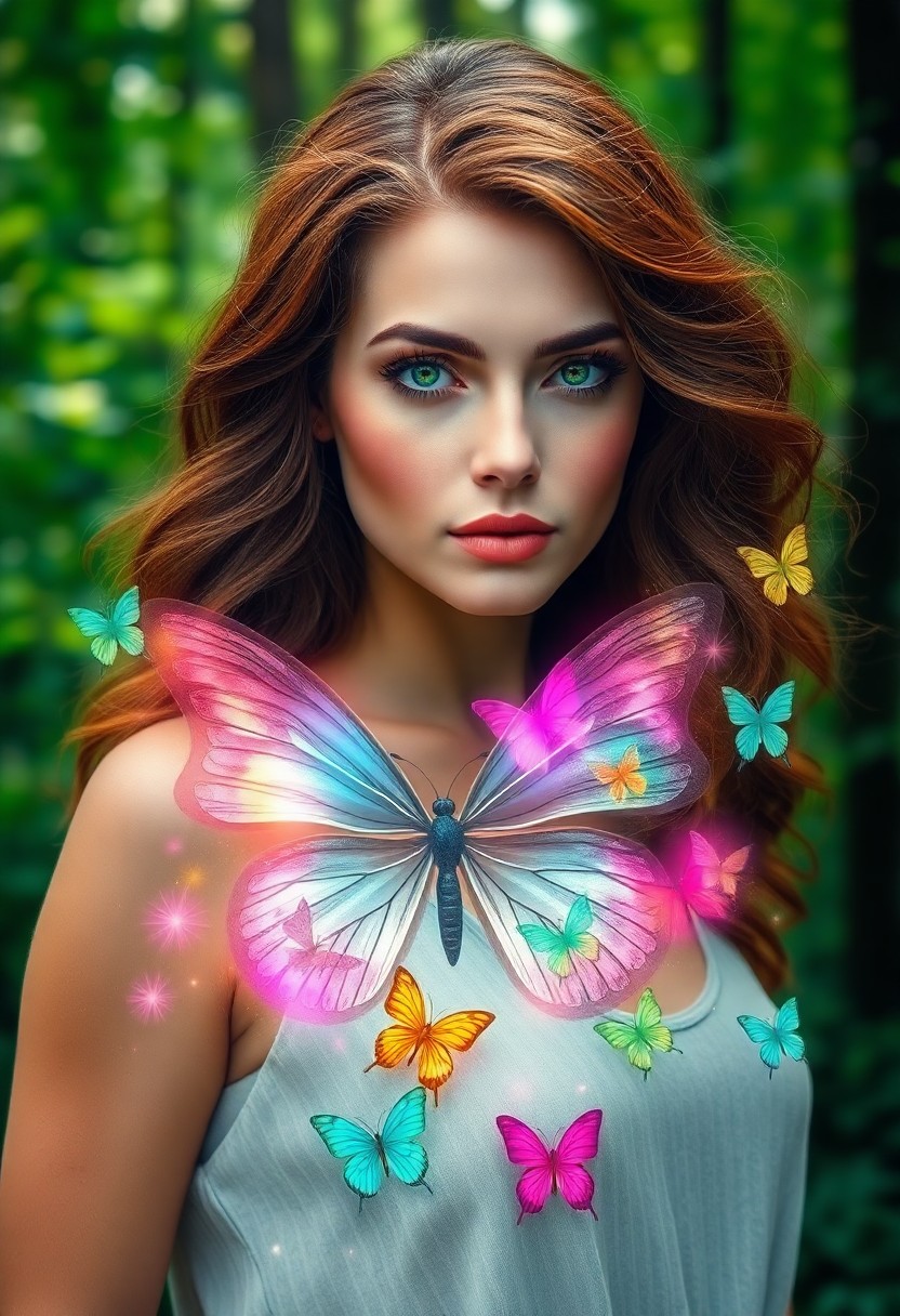 AI generated art for prompt: Create a captivating digital portrait of a serene woman with wavy chestnut hair and piercing emerald