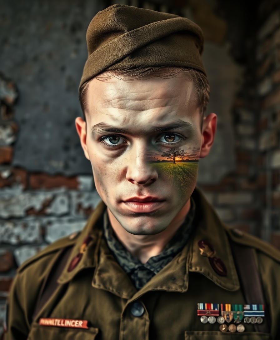 AI generated art for prompt: Envision a photorealistic digital portrait showcasing an individual adorned in vintage military garb