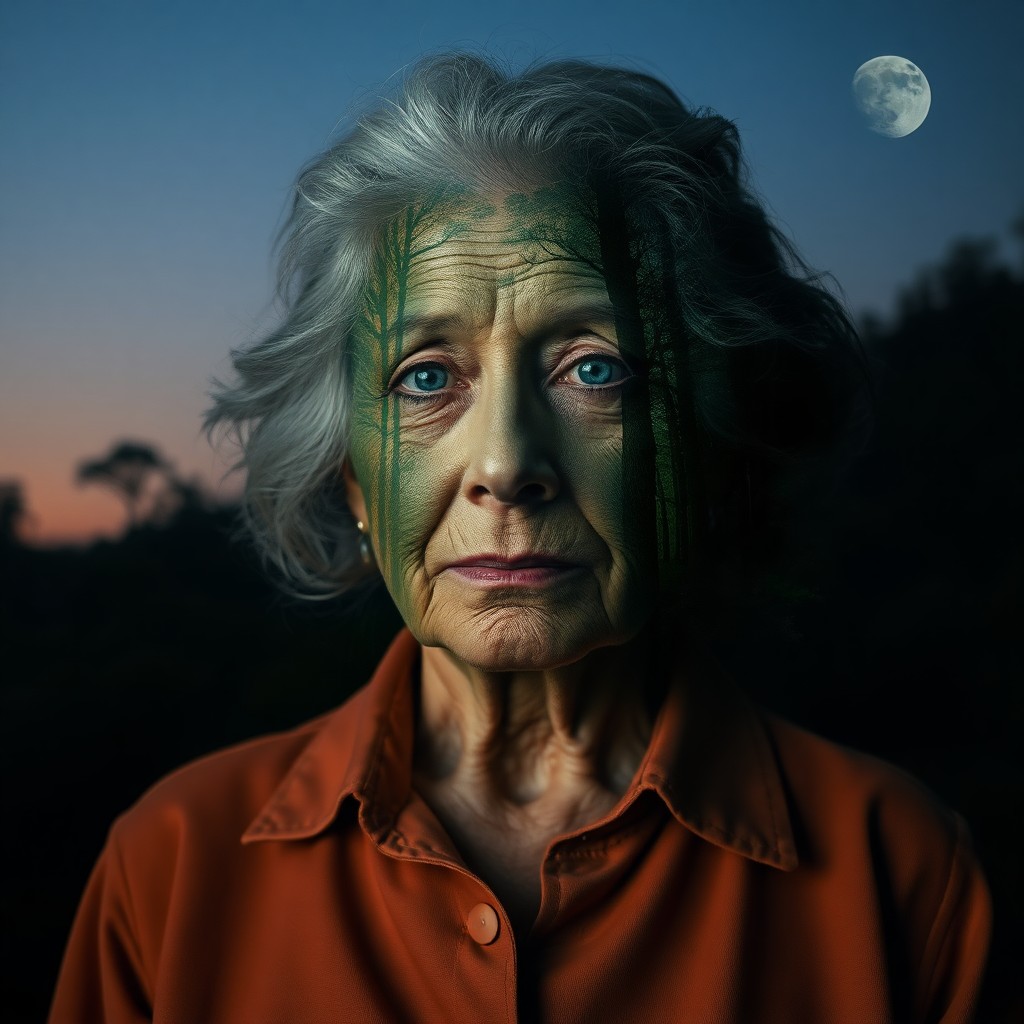 AI generated art for prompt: Imagine a captivating double exposure portrait of an elderly woman with deep wisdom reflected in her