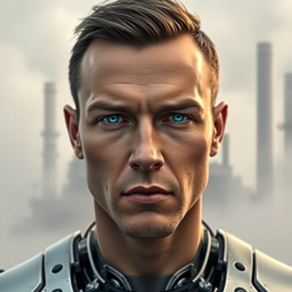 AI generated art for prompt: A photorealistic digital portrait depicts a man with an intense gaze, his unique features blending h