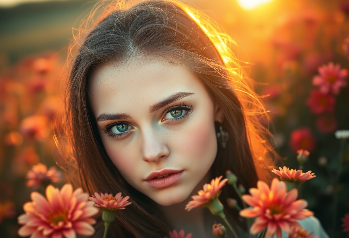 AI generated art for prompt: A captivating portrait showcases a young woman with porcelain skin and emerald eyes, bathed in the w