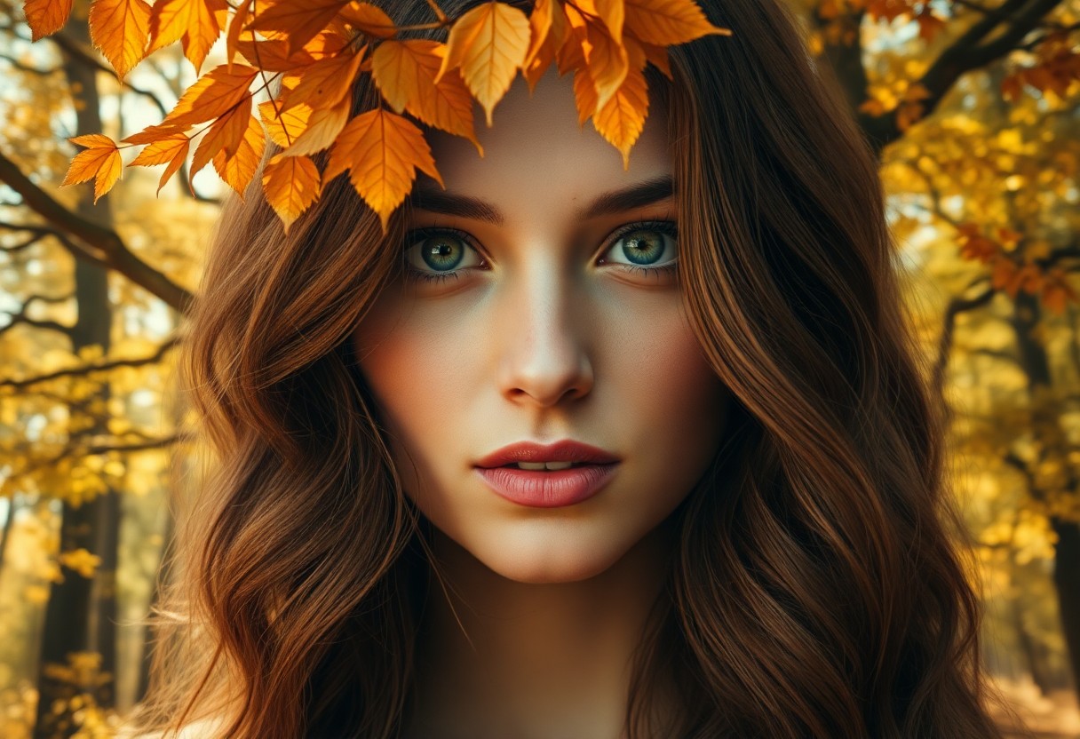 AI generated art for prompt: A captivating double exposure portrait showcases a young woman with cascading wavy chestnut hair fra