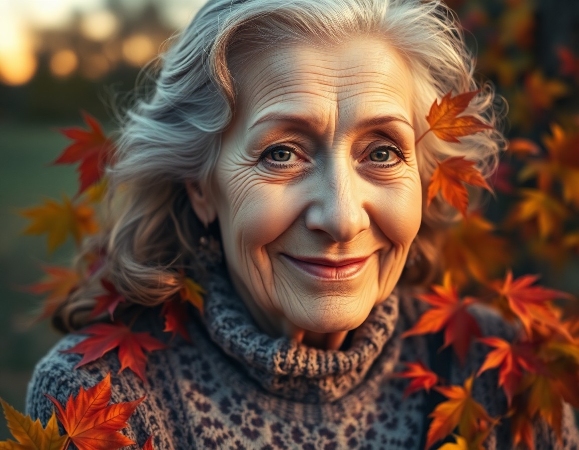 AI generated art for prompt: Imagine a photorealistic portrait of an elderly woman, her warm eyes crinkled and gentle smile illum