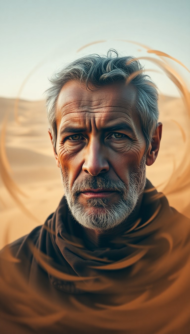 AI generated art for prompt: Craft a photorealistic double exposure portrait of a stoic middle-aged man, his rugged features mirr