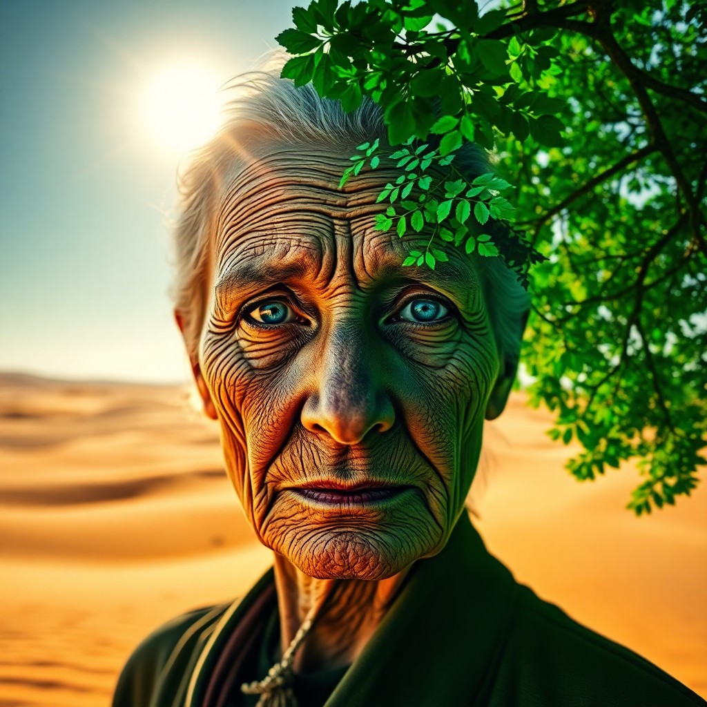 AI generated art for prompt: Craft an evocative double exposure portrait of a resolute elderly woman with wrinkled skin and pierc