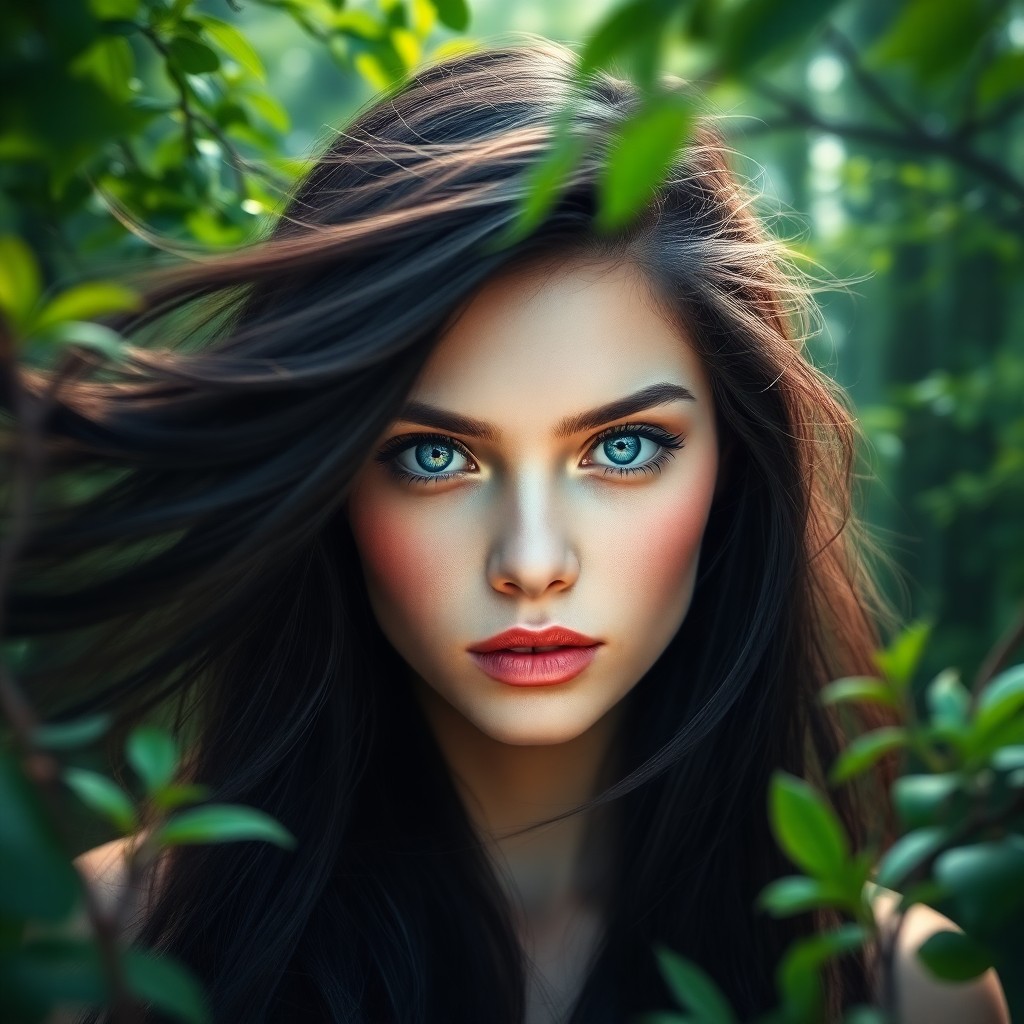 AI generated art for prompt: Envision a captivating digital portrait of a woman with mesmerizing blue eyes and flowing raven hair