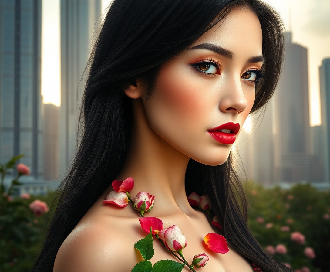 AI generated art for prompt: A captivating photorealistic portrait showcases an enigmatic woman with amber eyes and jet-black hai