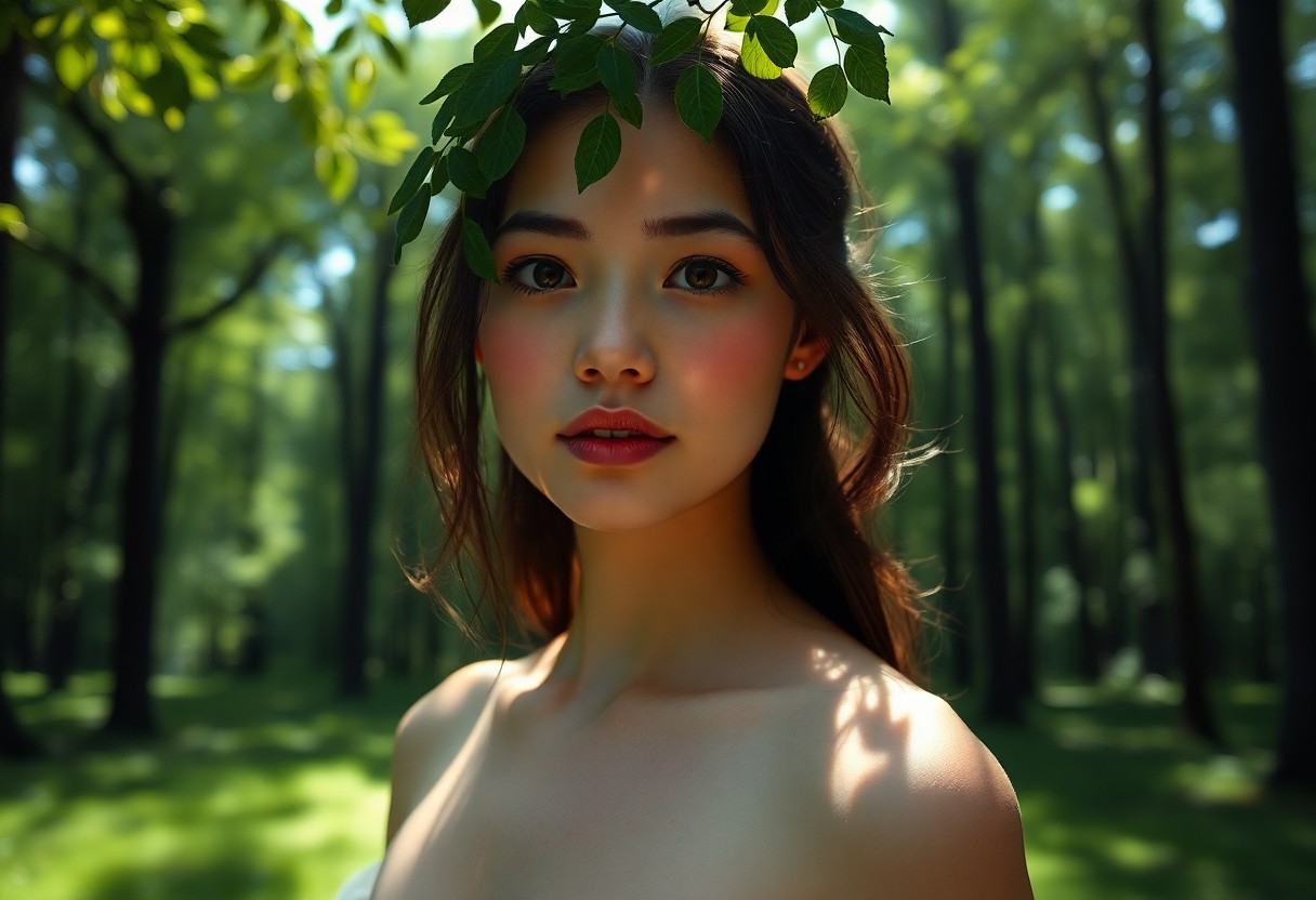 AI generated art for prompt: A photorealistic portrait showcases a young woman, her translucent skin illuminated by dappled sunli