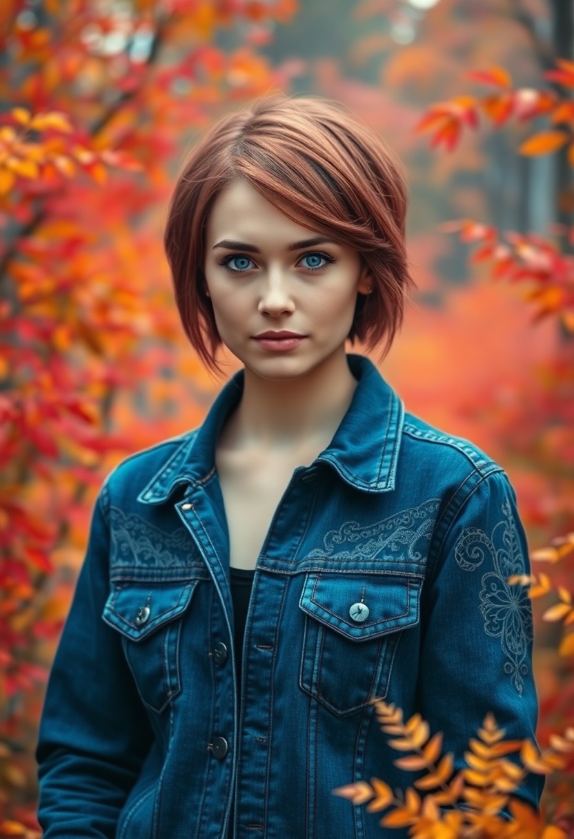 AI generated art for prompt: Amidst a vibrant autumn forest, a young woman with short auburn hair and piercing blue eyes stands o