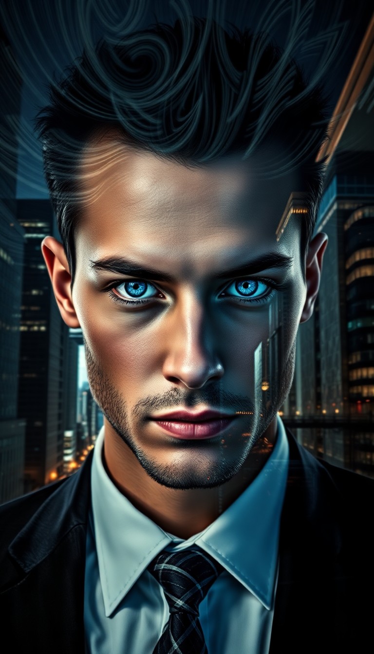 AI generated art for prompt: A captivating portrait showcases an enigmatic figure with piercing blue eyes, their features seamles