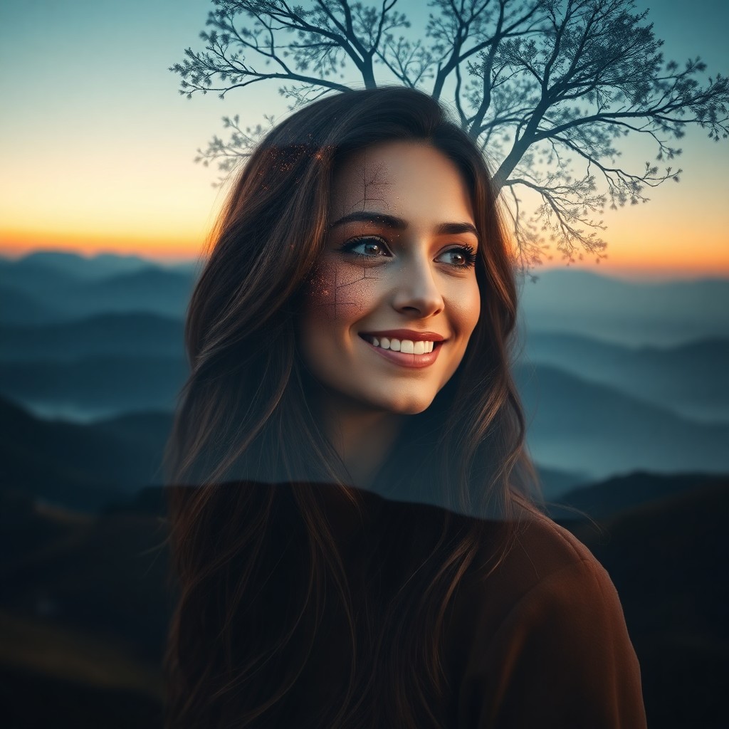 AI generated art for prompt: Craft a photorealistic double exposure portrait merging a serene woman with cascading chestnut hair 