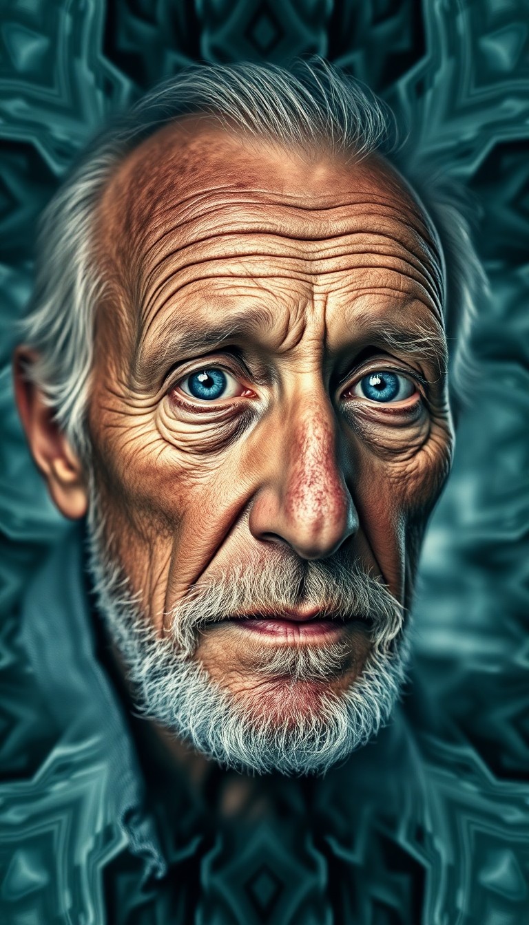 AI generated art for prompt: A captivating double exposure portrait showcases an elderly man with a weathered visage, his skin et