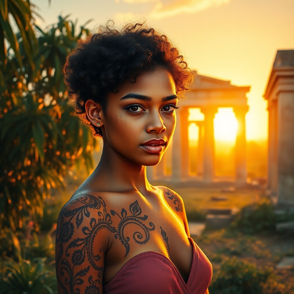 AI generated art for prompt: A photorealistic digital portrait showcases a young woman with short curly hair amidst a vibrant sun