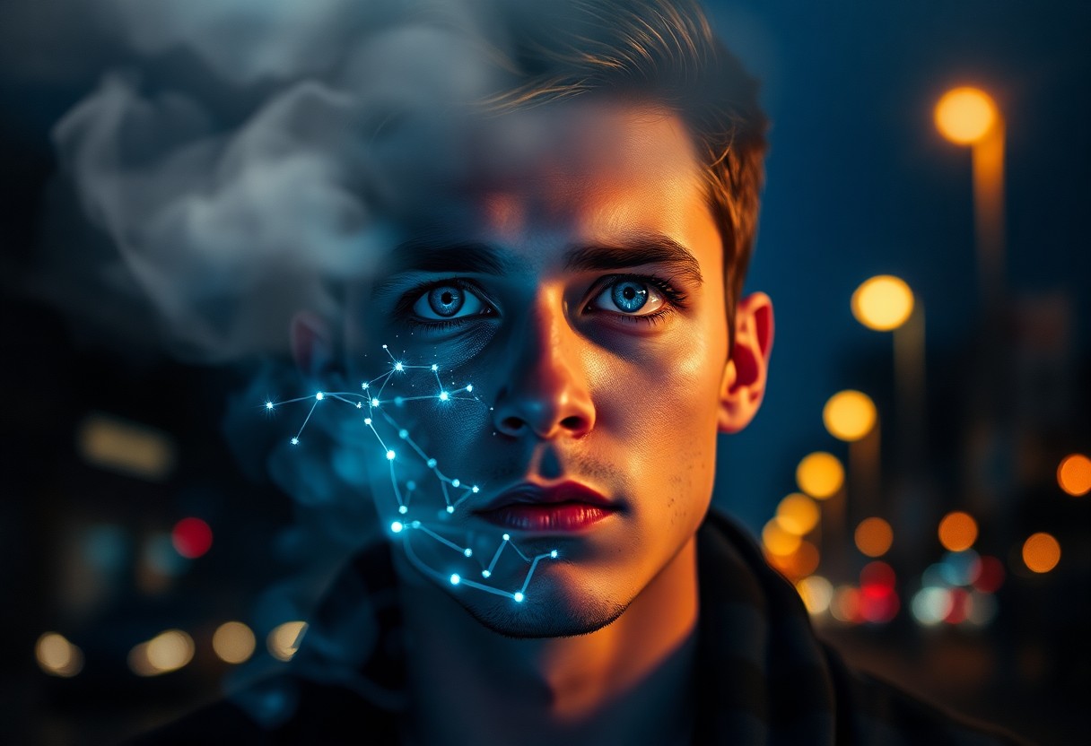 AI generated art for prompt: A double-exposure portrait showcases a young man with captivating blue eyes and an intense gaze dire