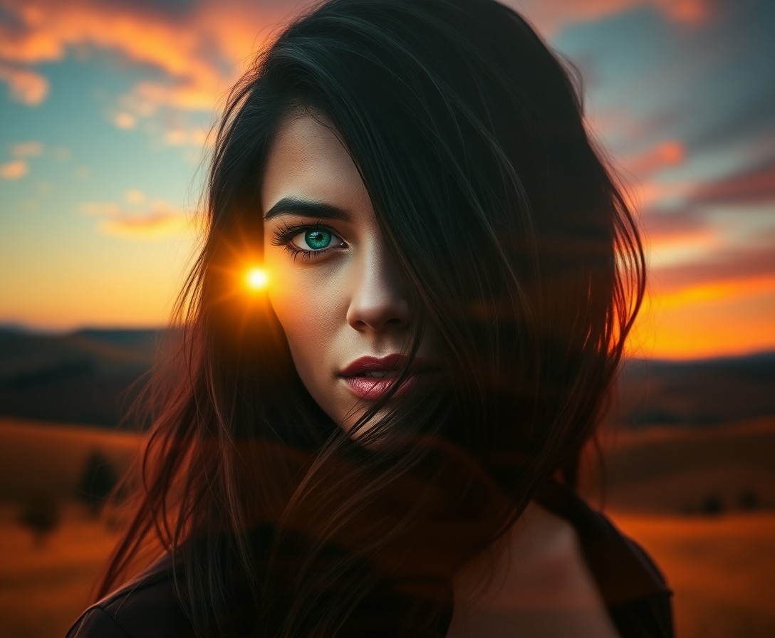 AI generated art for prompt: A double exposure portrait showcases an enigmatic woman with emerald eyes and cascading raven hair, 