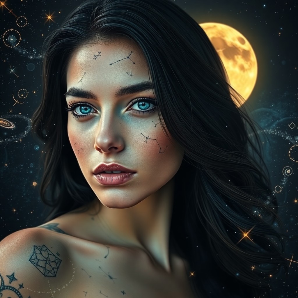 AI generated art for prompt: A visually arresting double exposure portrait showcases an enigmatic woman with piercing blue eyes a