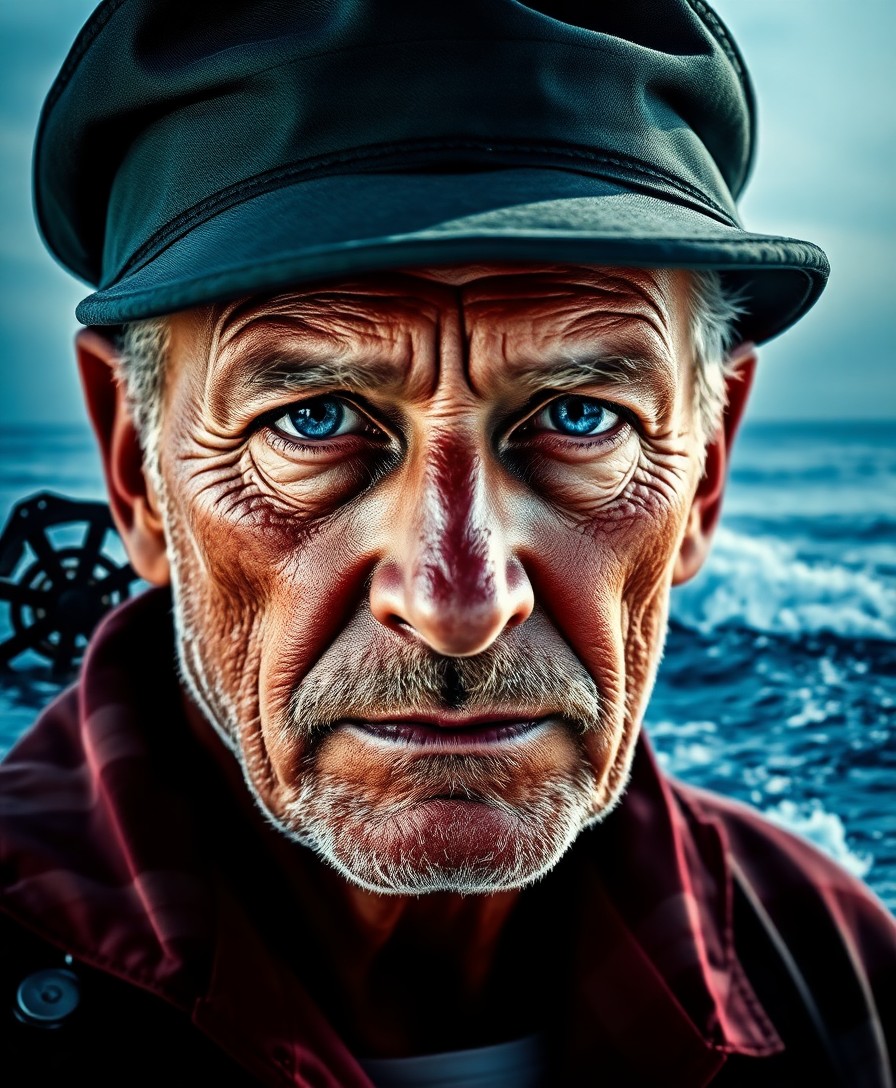 AI generated art for prompt: A vivid double exposure portrait showcases a weathered coastguard veteran with piercing blue eyes, h